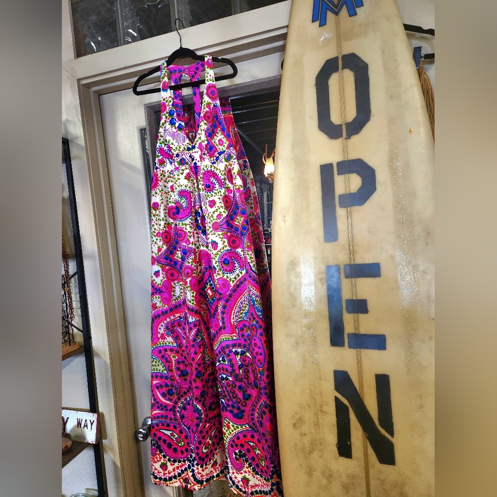 MOD 60s 70s Vintage  Flower Power Black Light  Hot Pink Maxi Paisley Sun Dress